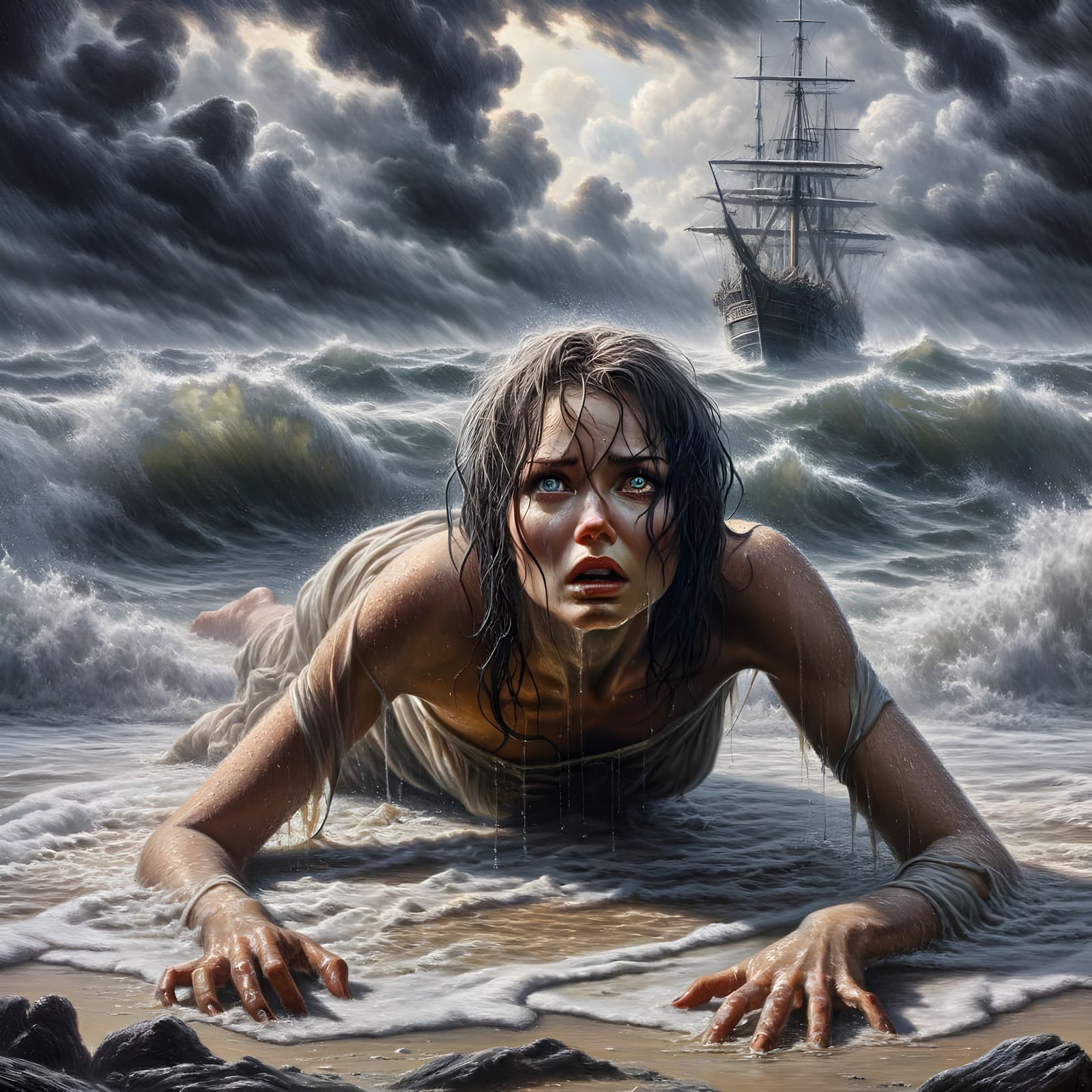 Dramatic Oil Painting of a Woman Rescued from a Sinking Ship