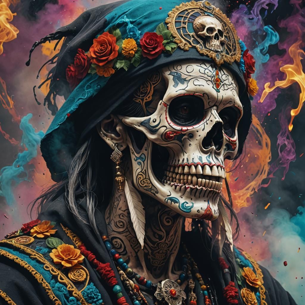 Hyperrealistic Santa Muerte Figure Smoking