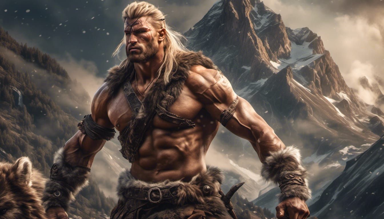 Hyperrealistic Blonde Barbarian in Mountain Landscape