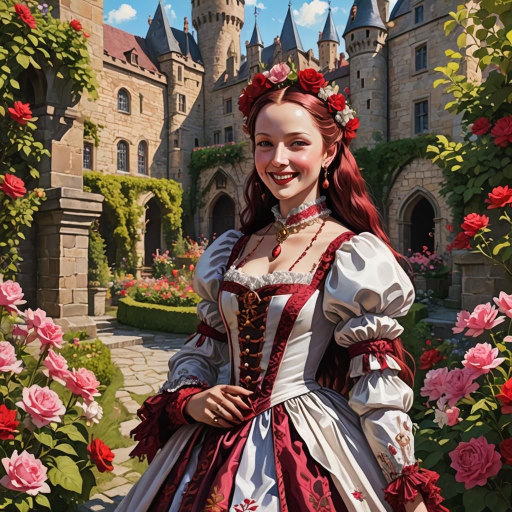 Cheerful Elizabeth Bathory in Sunlit Gardens, Cinematic Stil...