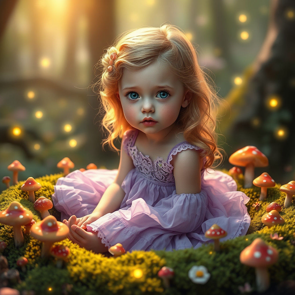 Enchanted Forest Girl with Mushroom People, Dreamlike Landsc...