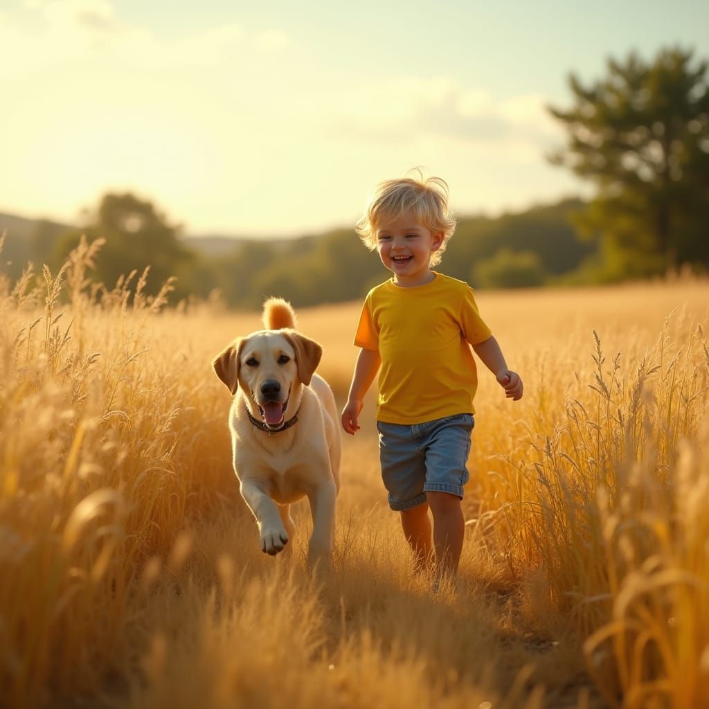 Joyful Boy Surrounded by Golden Wheat and Running Labrador i...