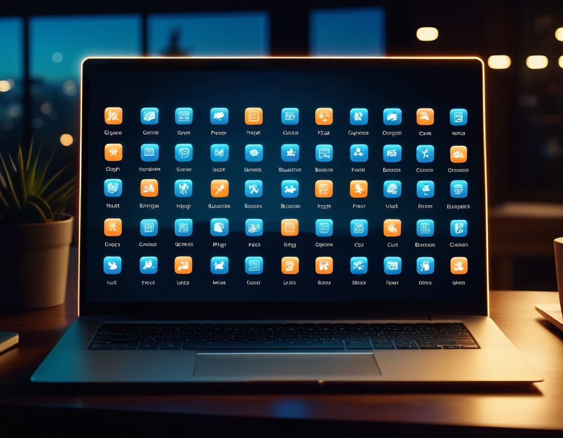 Glowing Business Icons on a Sleek Laptop Screen in Low Light
