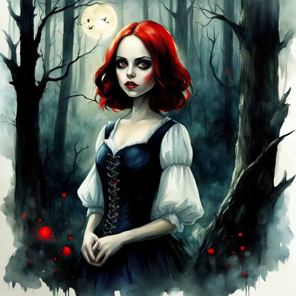 Vampire Girl in Dark Forest Watercolor