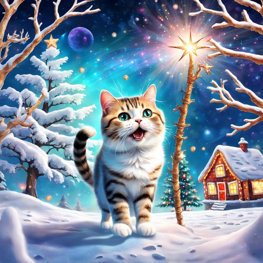 Cosmic Christmas Feline in a Snowy Village