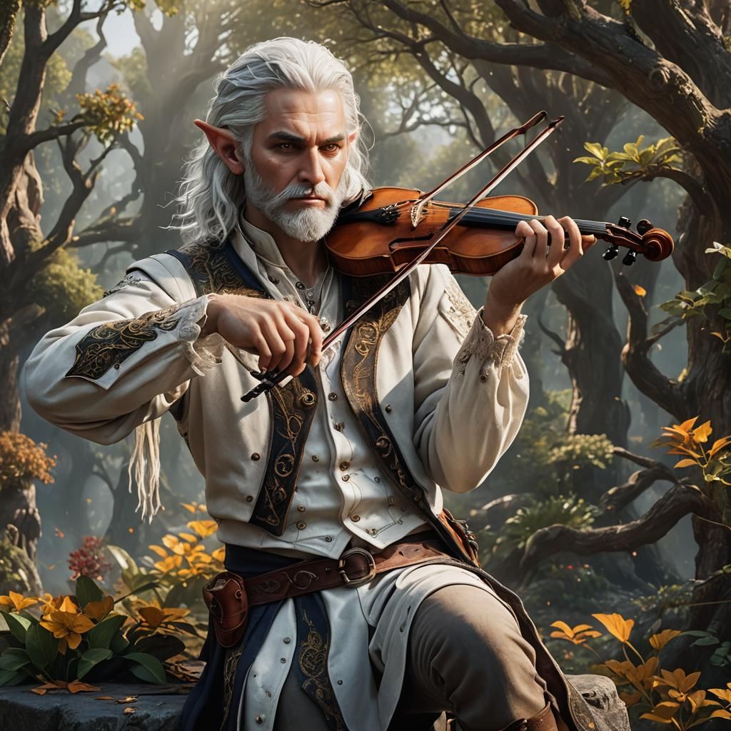 Hyperrealistic Shadar-kai Elf Bard Plays Violin