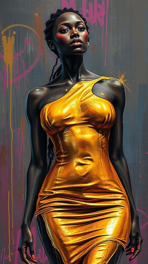 Woman in Liquid Gold Dress: Graffiti Art Style