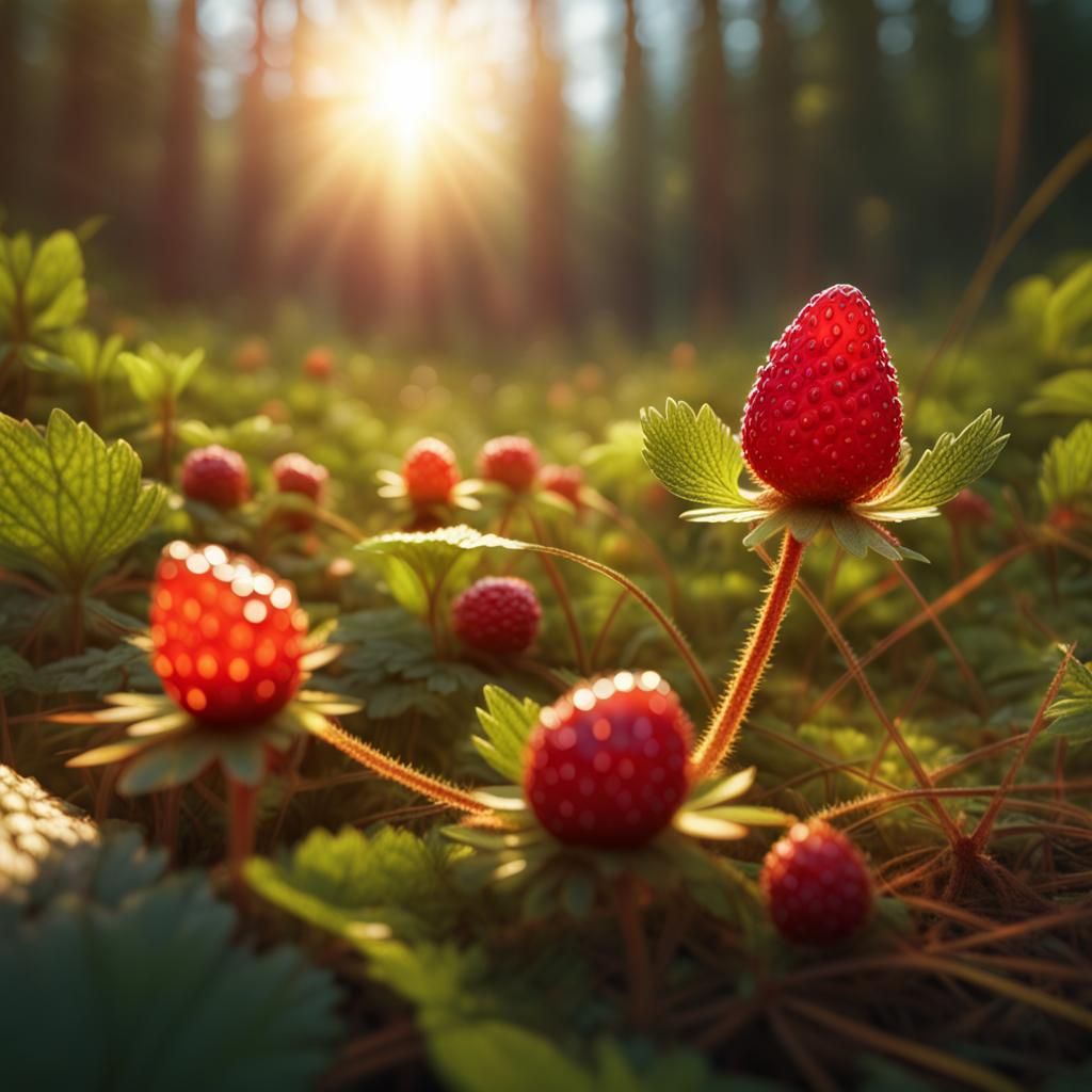 Wild Strawberries in Forest Meadow with Lens Flare