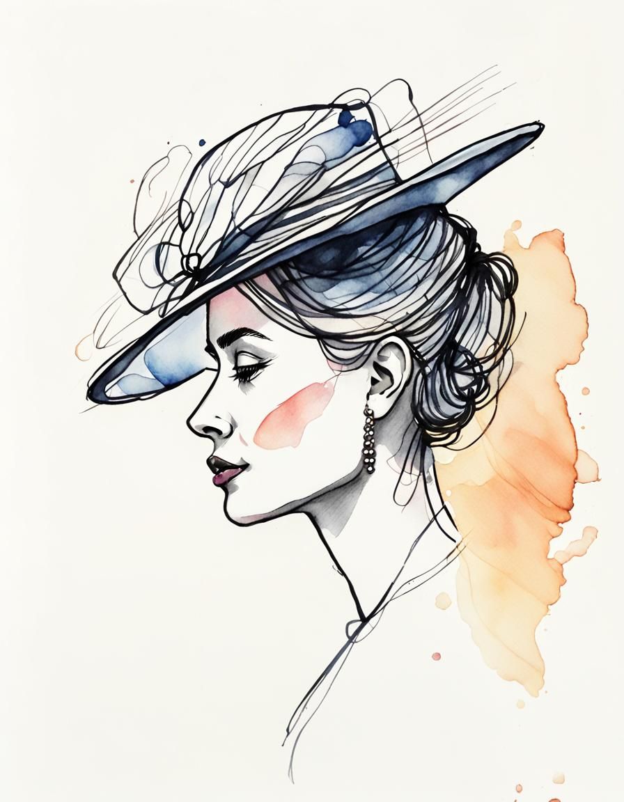 Watercolor and Ink Portrait of Woman in Hat