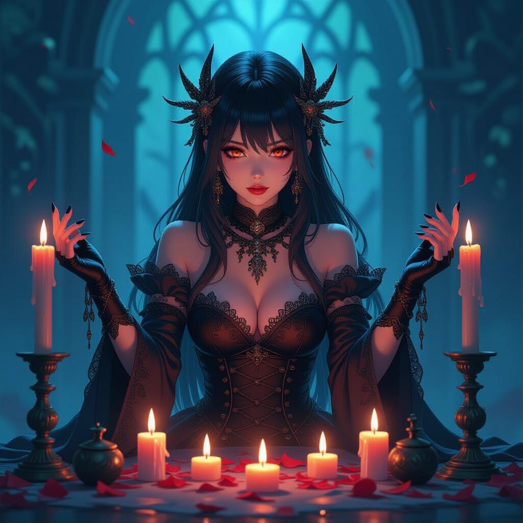 Anime Ritual: Woman in Occult Attire with Candles