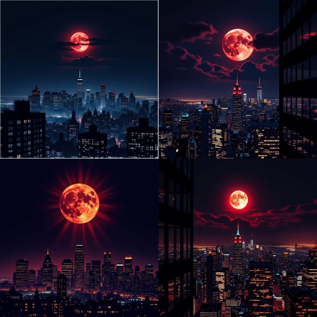 Crimson Moon Over Cityscape Cinematic Film Still