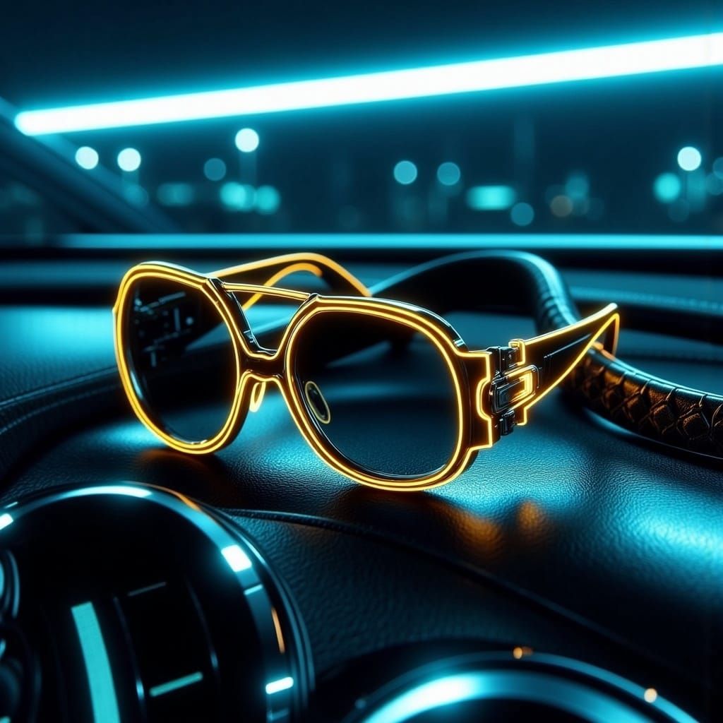 Gold Sunglasses on Car Dashboard in Cyberpunk Style