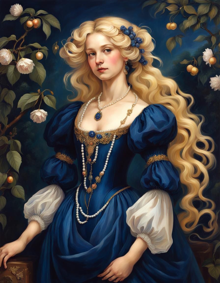 Renaissance Woman with Long Blonde Hair in Garden