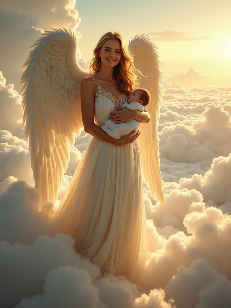 Angelic Woman with Child in Dreamlike Setting