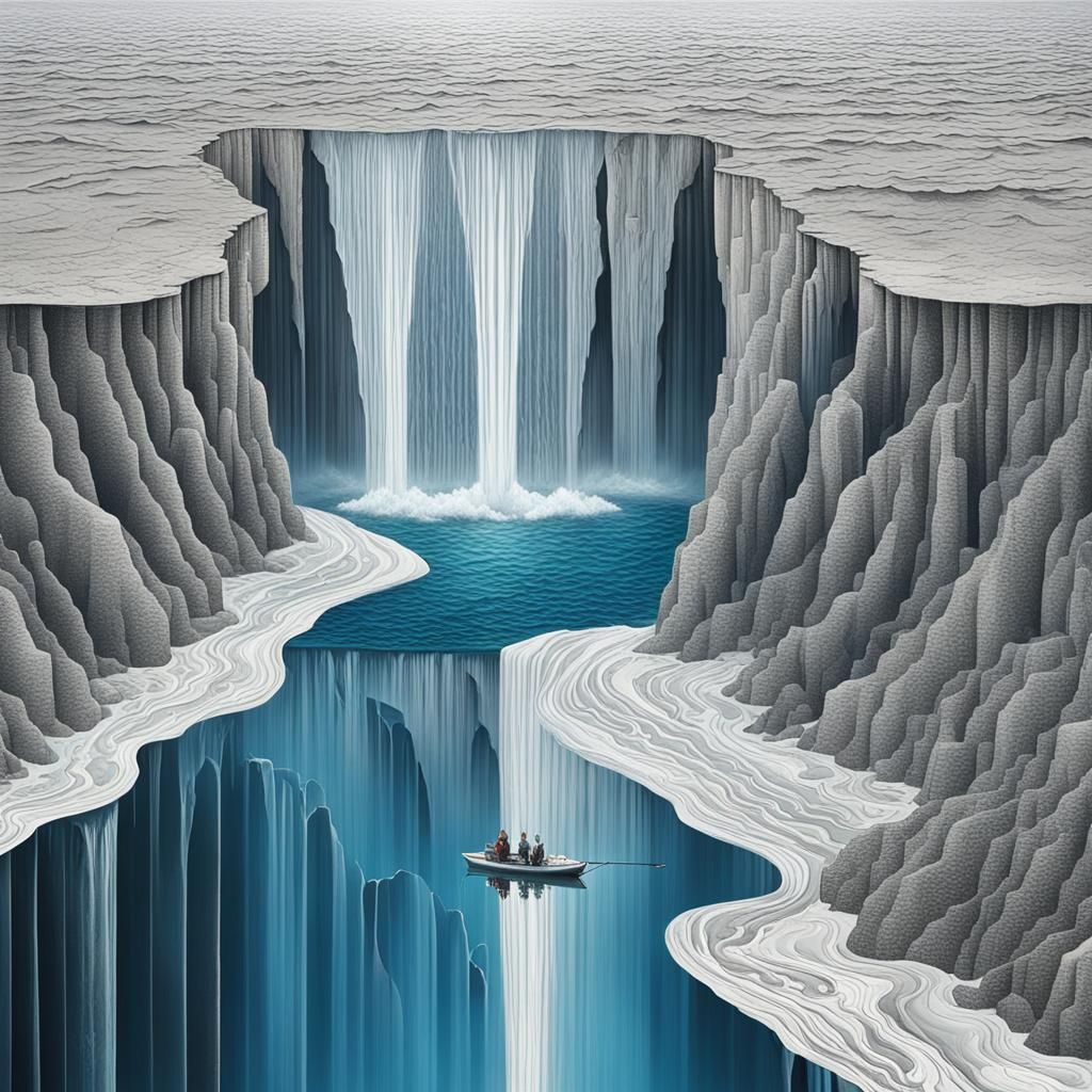 Surreal Sea Divided by Silver Waterfall