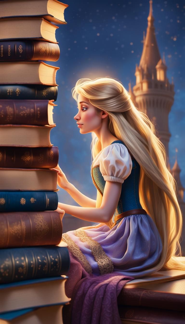 Rapunzel's Book Tower: A Whimsical Fantasy Illustration