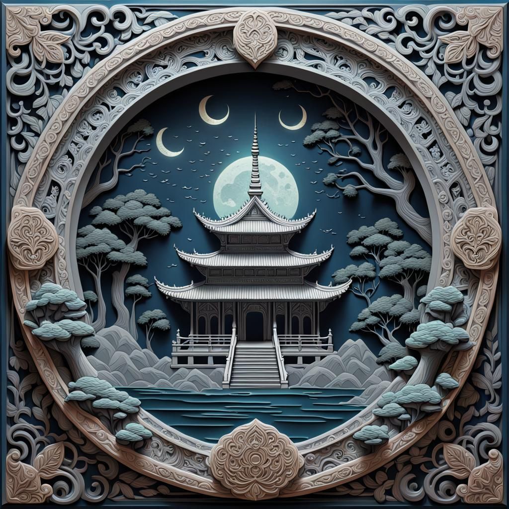 Thai-Inspired 3D Stone Relief with Ornate Border