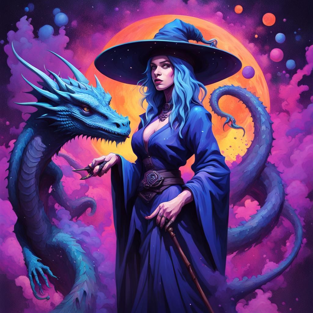 Blue Witch and Dragon in Purple Universe Graffiti