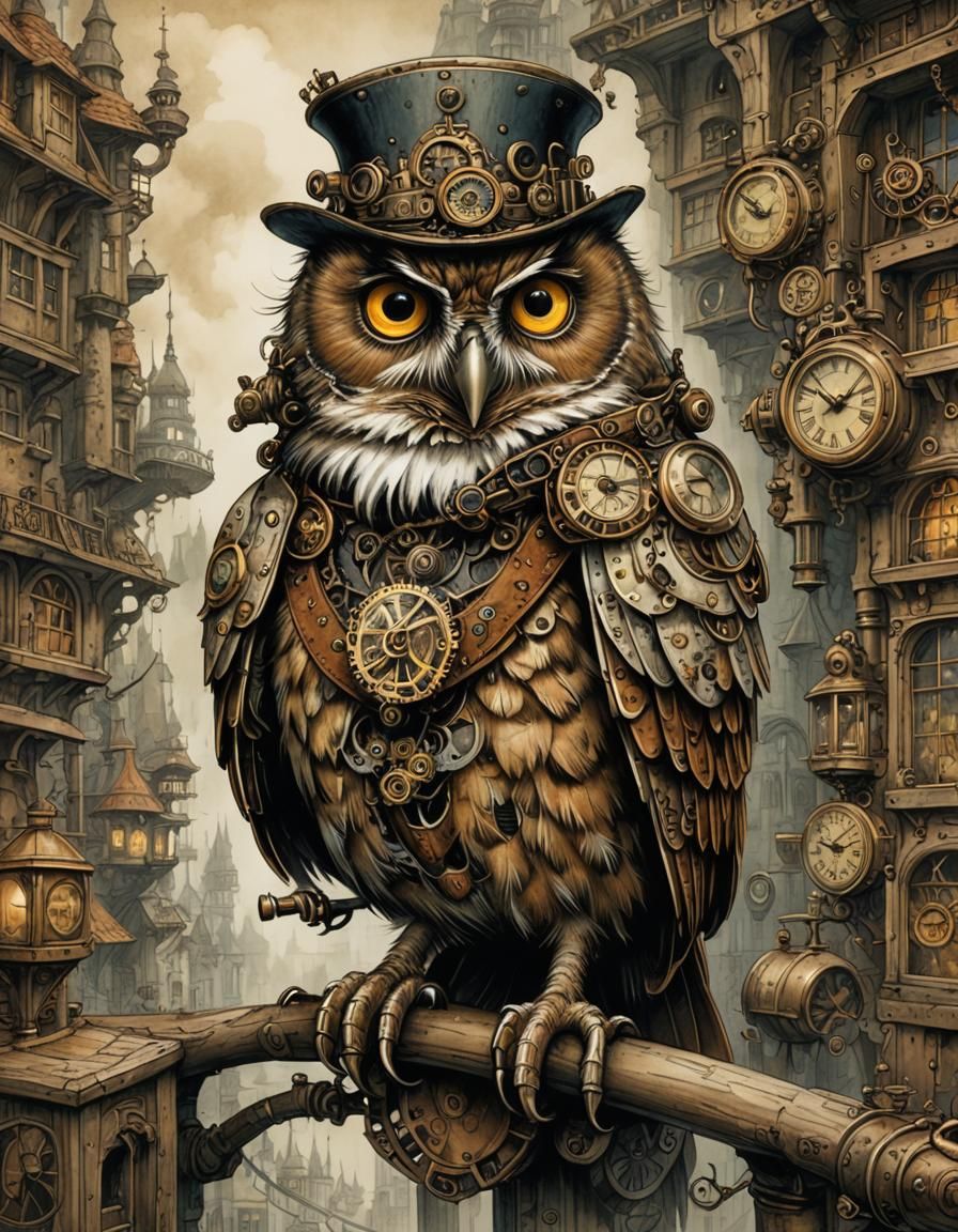 Steampunk Owl Illustration in Anton Pieck Style