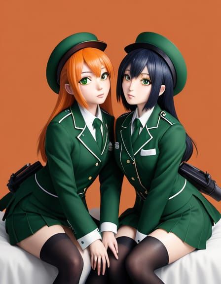 Kemono Twin Sisters Kissing in Manga Style