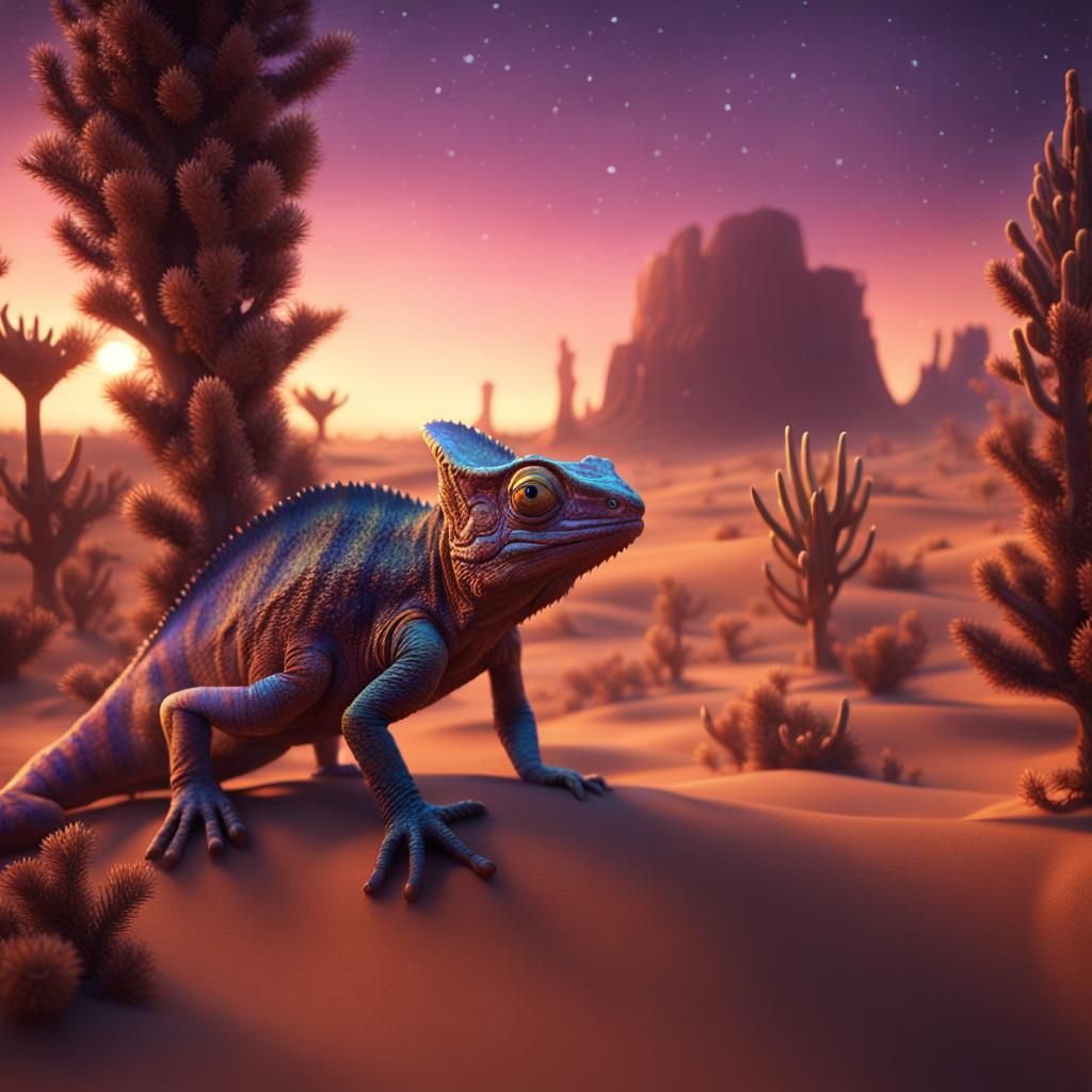 Christmas Chameleon in Desert at Dusk: Fantasy Art