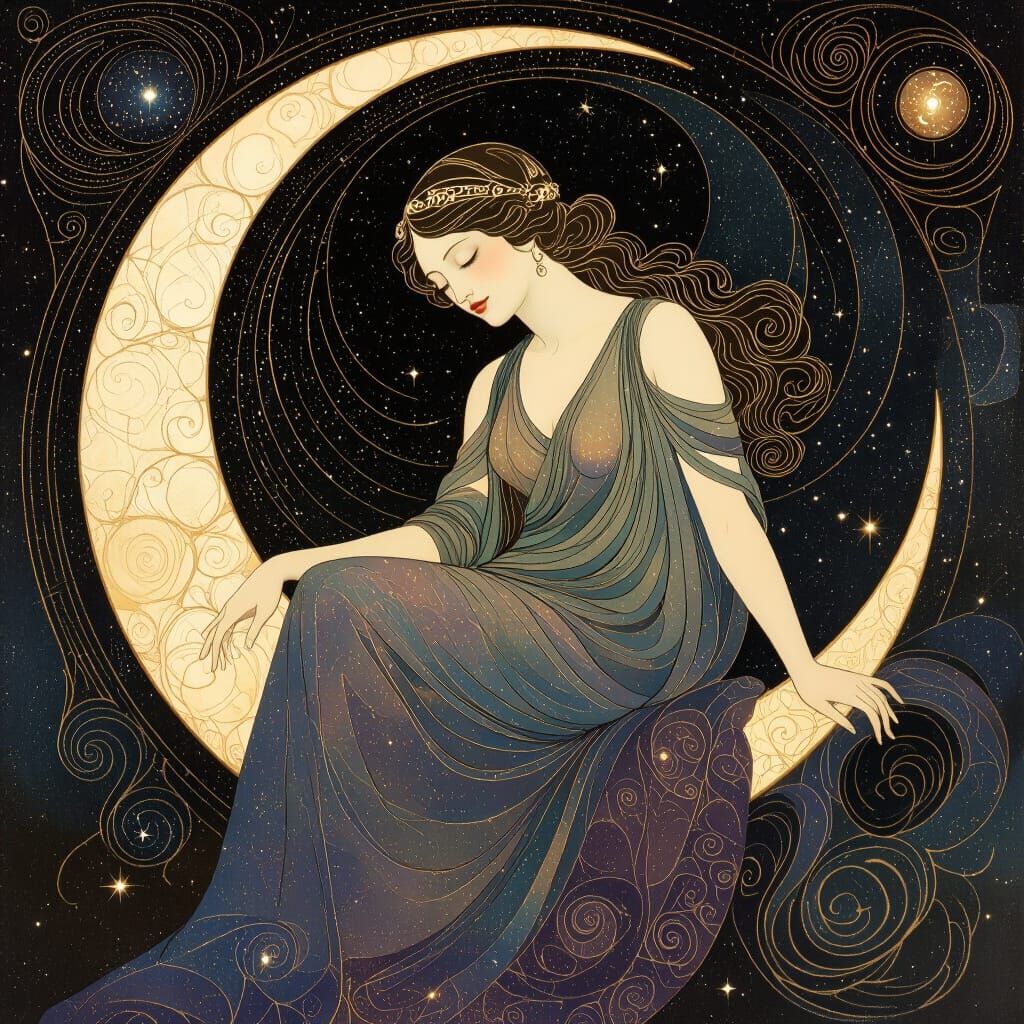 Cosmic Goddess on Crescent Moon in Renaissance Art Nouveau S...