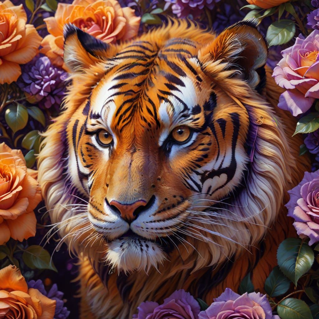 Fluffy Tiger Hidden in Roses: Oil Painting