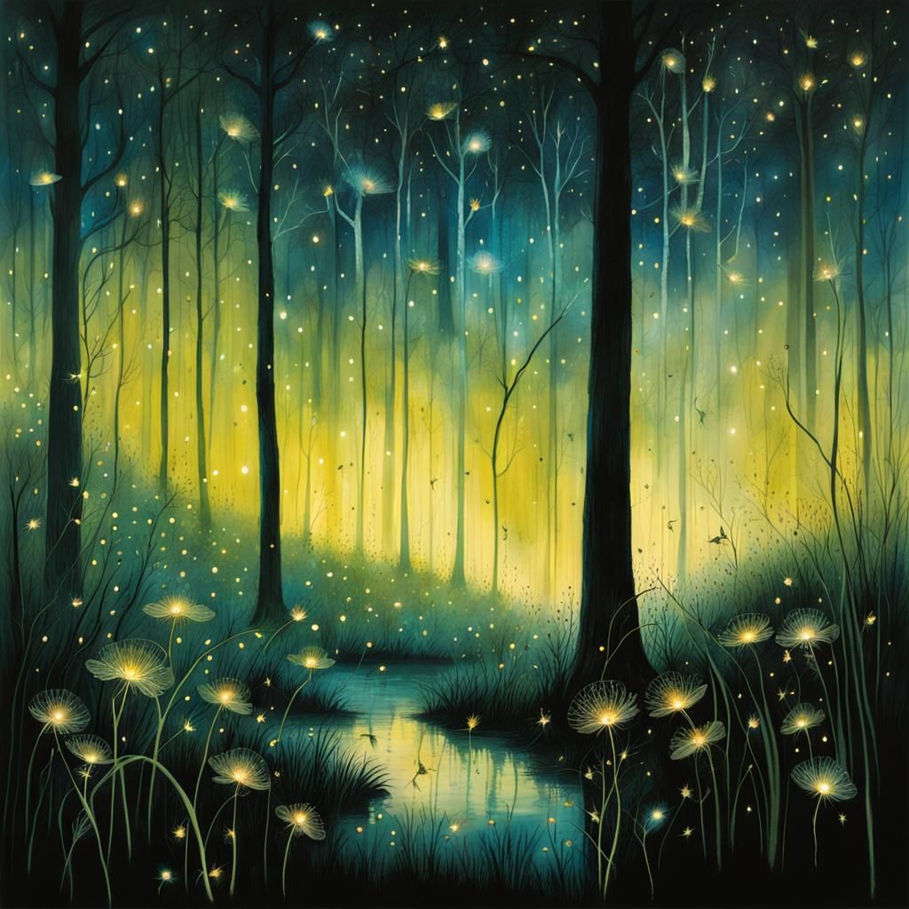 Whimsical Nocturnal Scene in a Mystical Forest Glade