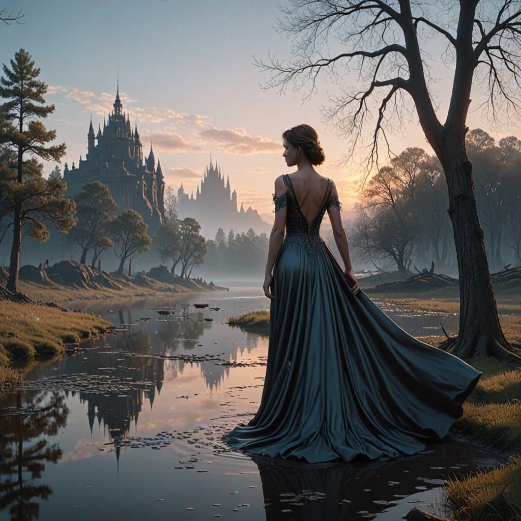 Elegant Figure in Mystical Landscape, Inspired by Baroque De...