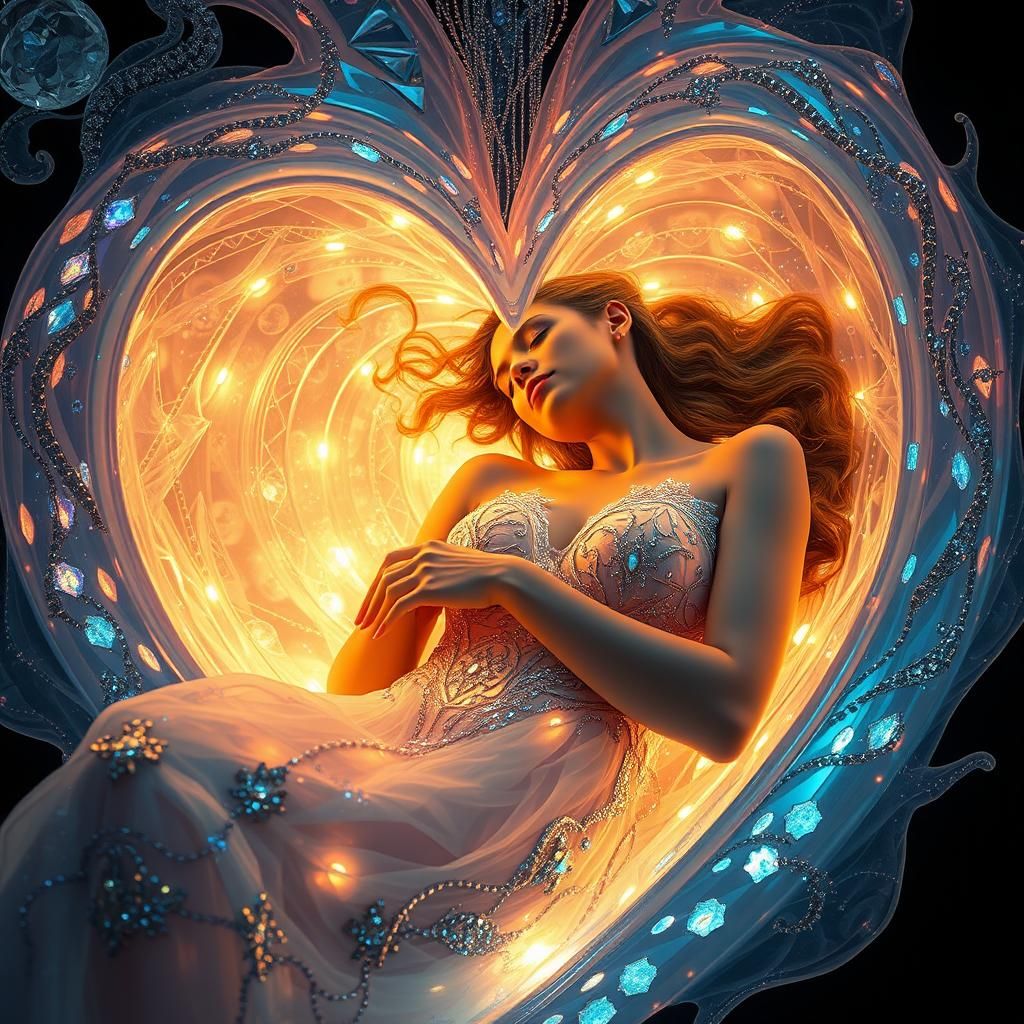 Ethereal Woman Asleep in Crystalline Heart Concept Art