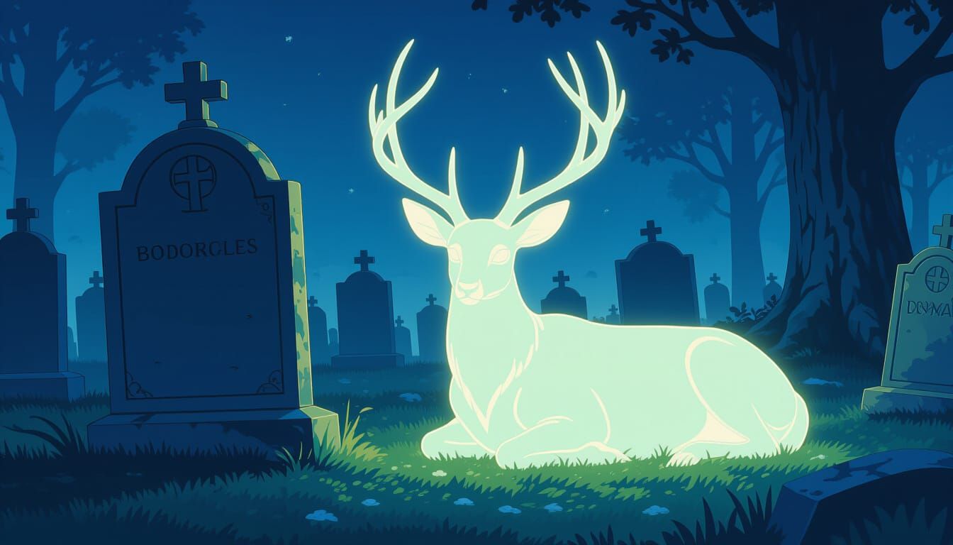 Ethereal Deer in Cemetery, Studio Ghibli Style