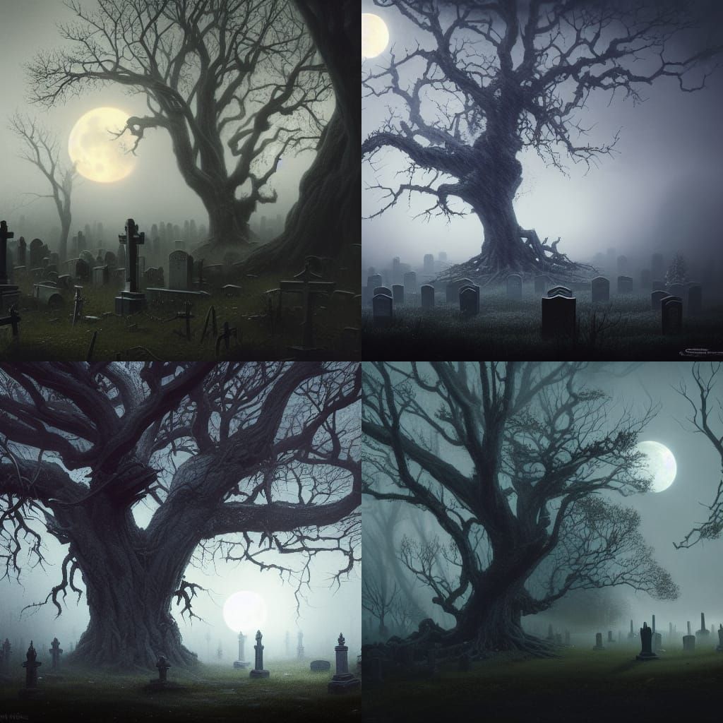 Graveyard at Midnight with Blood Moon, Dark Fantasy Art