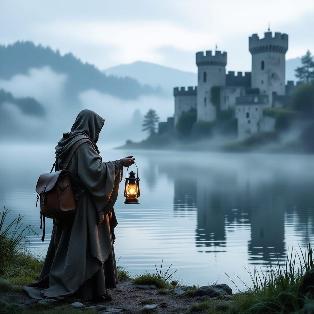 Mystical Cleric at Misty Lake Edge