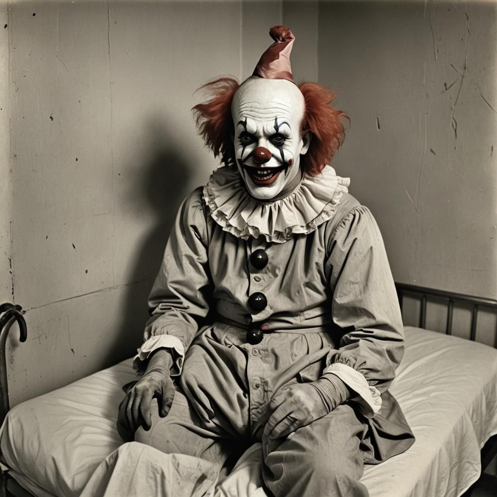Scary Clown in Asylum: 1950s Style Photograph