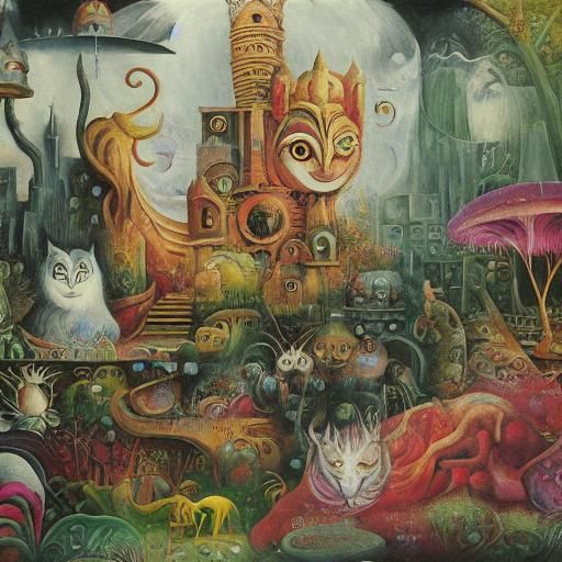 Psychedelic Phoenix in a Surreal Maximalist Landscape