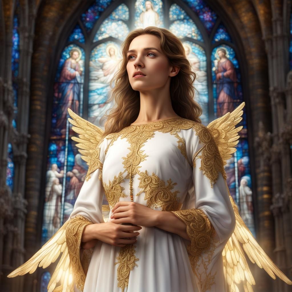 <lora:Angelica:1.0> Beautiful angel with petite smile and wearing high gold lace neck with long soft feminine gold white...