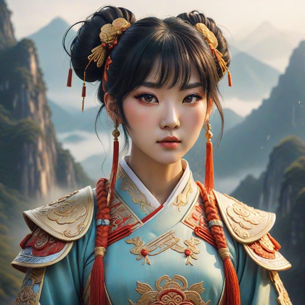 Anime-Inspired Chinese Warrior Goddess in Majestic Landscape