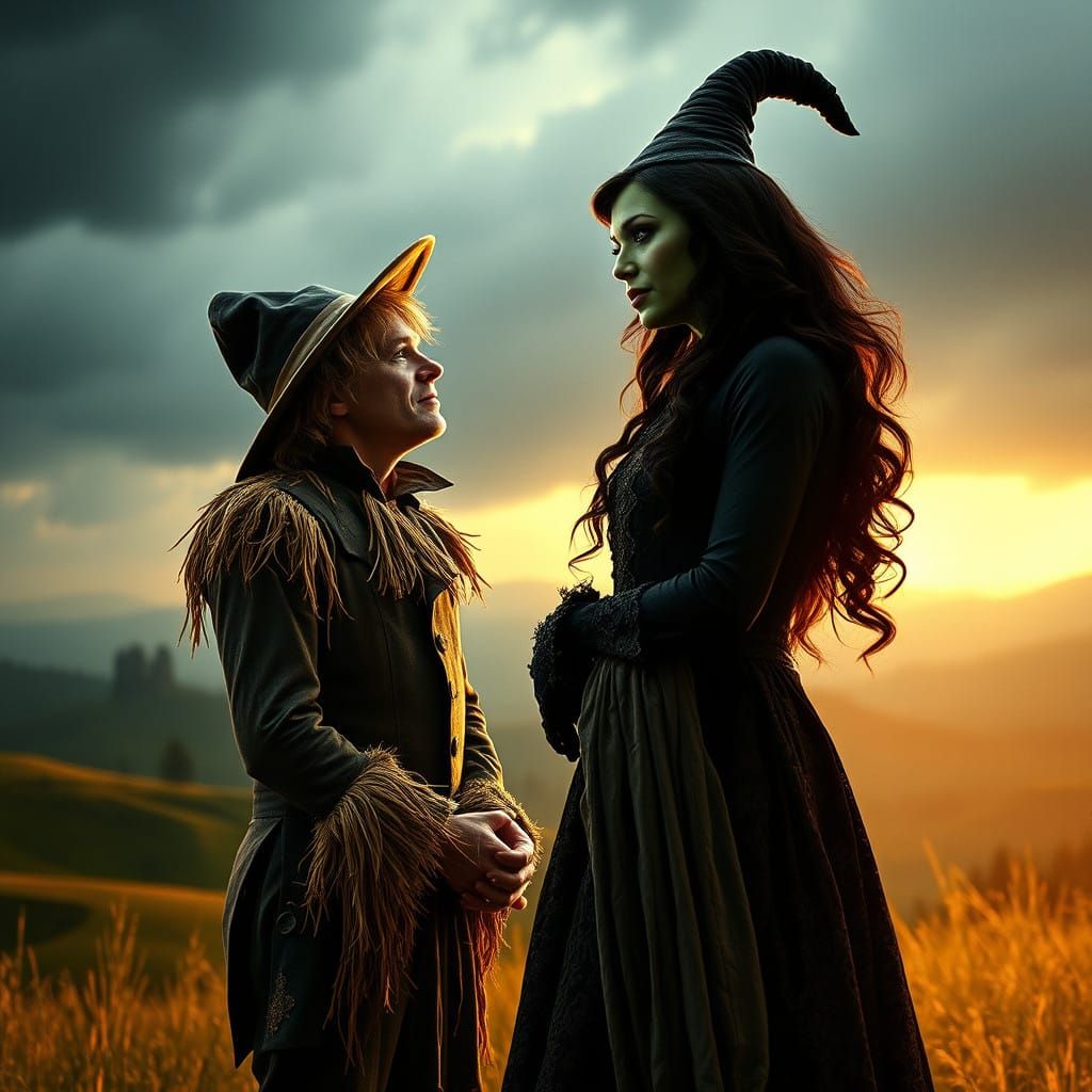 Ethereal Moment of Fiyero and Elphaba in a Dramatic Landscap...