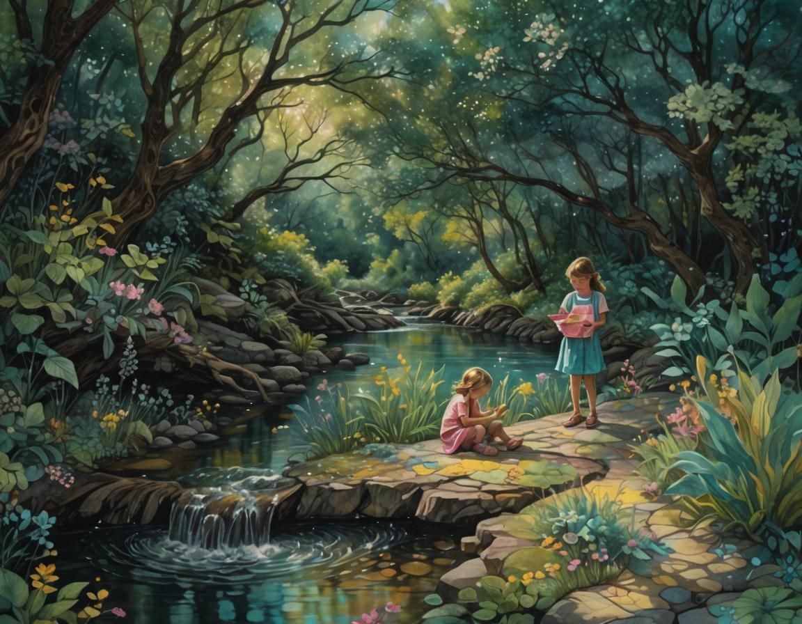 Whimsical Children on Riverbank in Watercolor Style
