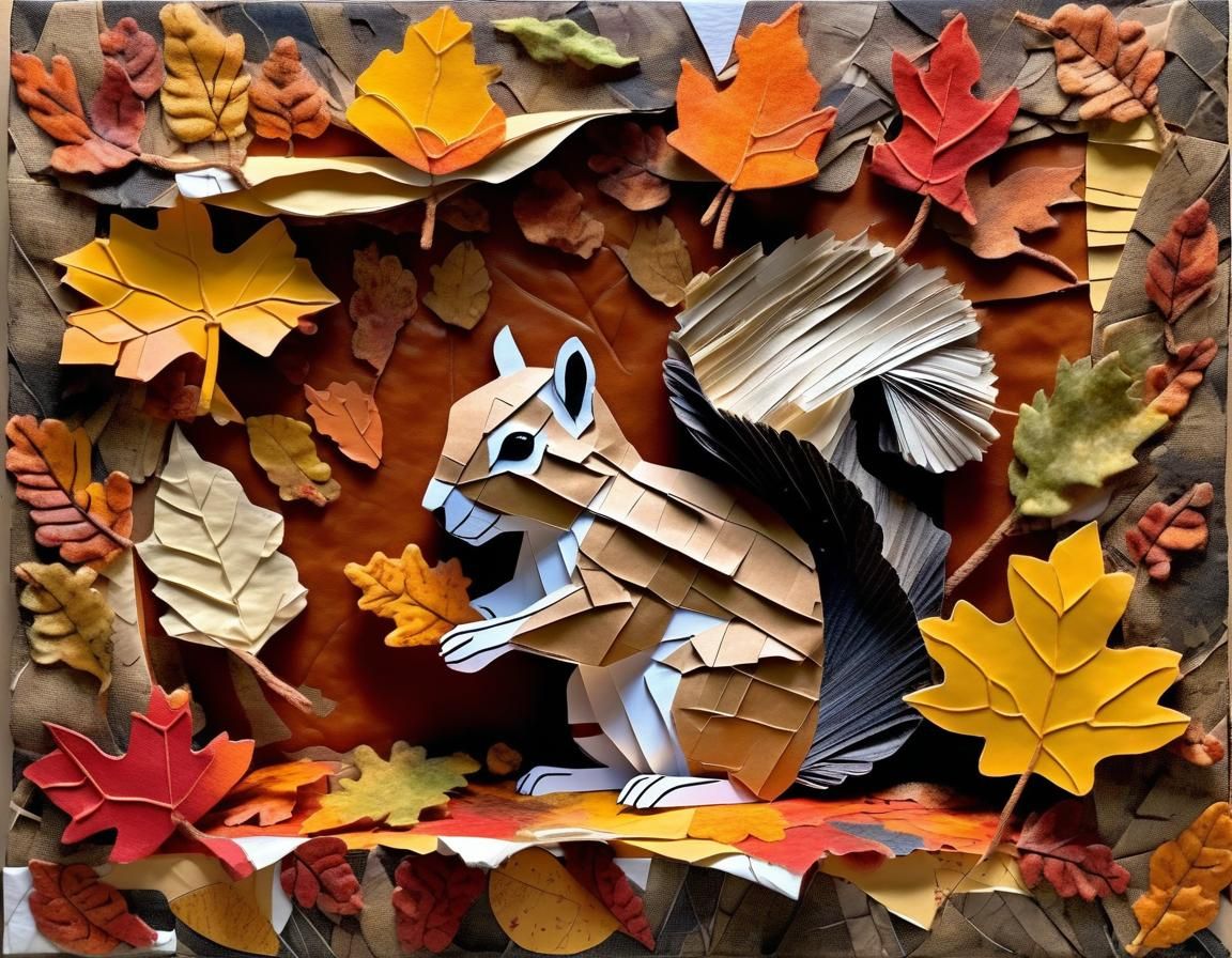 Paper Squirrel Autumn Collage in Mixed Media