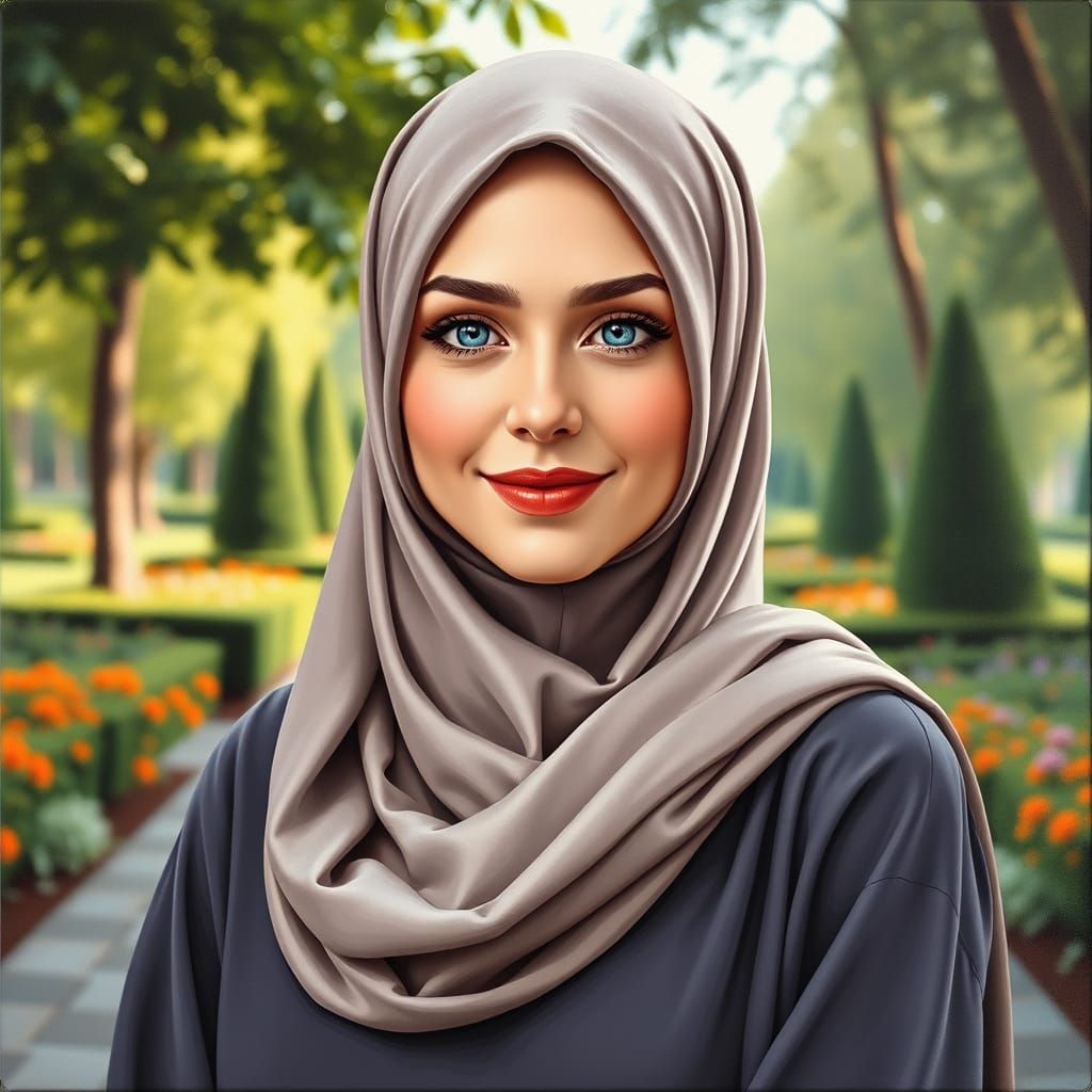 Elegant Hijabi Woman in Garden, Oil Painting