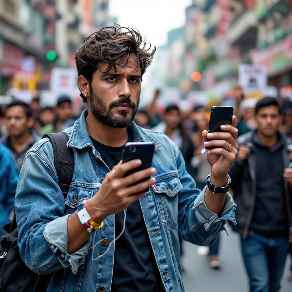 Journalist Live Streaming at Public Protest in Gritty Realis...