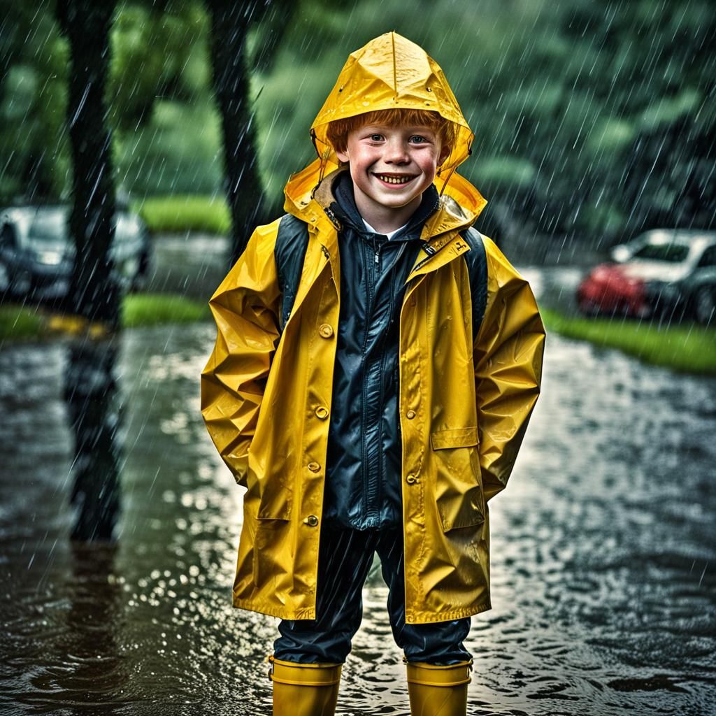 Ginger Boy's Joyful Rainy Day Portrait