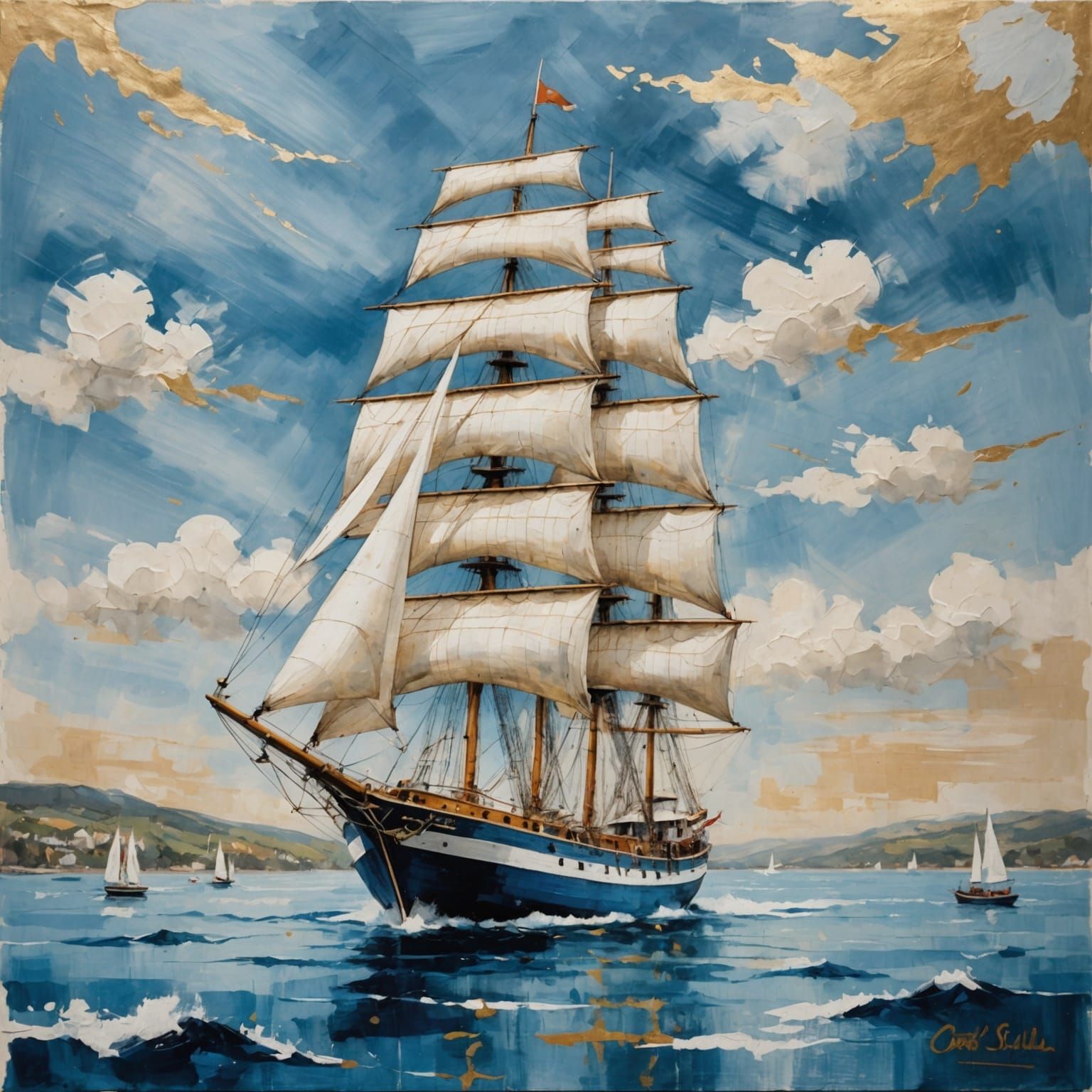 Golden Boat Sails on Abstract Blue Waters