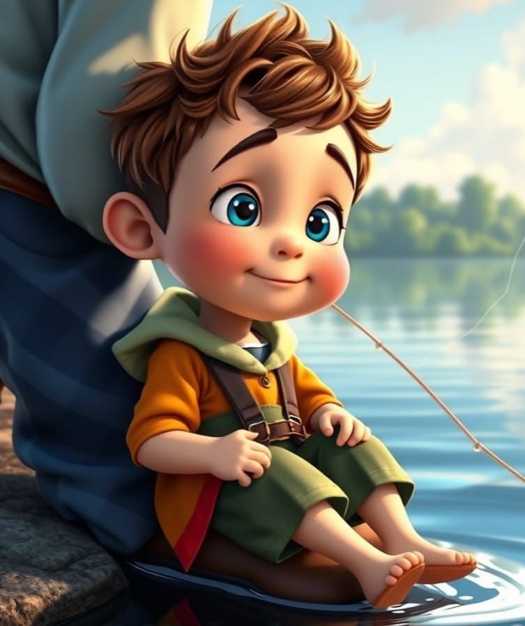 Boy and Grandpa Fishing, Pixar-Style Animation
