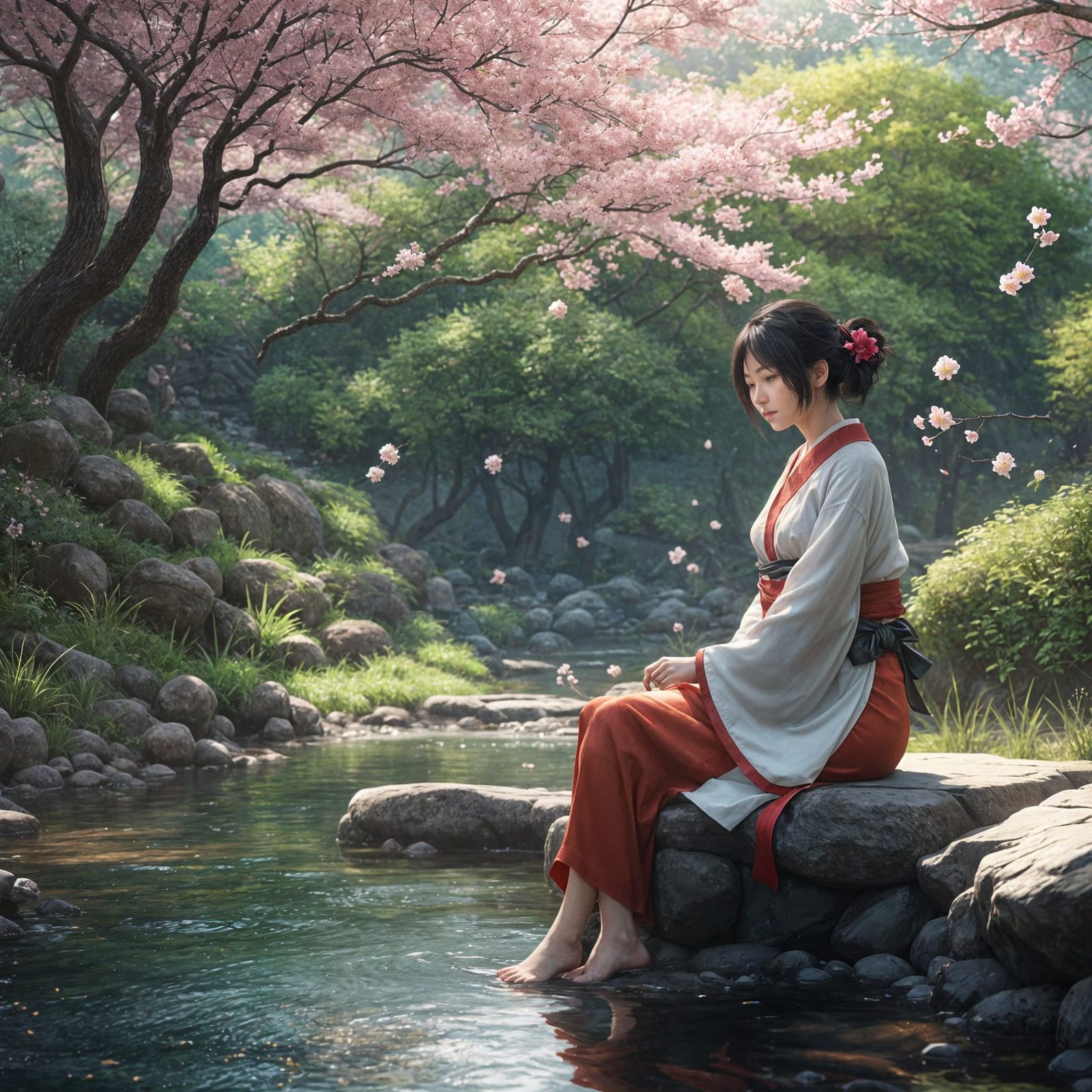 Woman by Stream in Detailed Anime Style