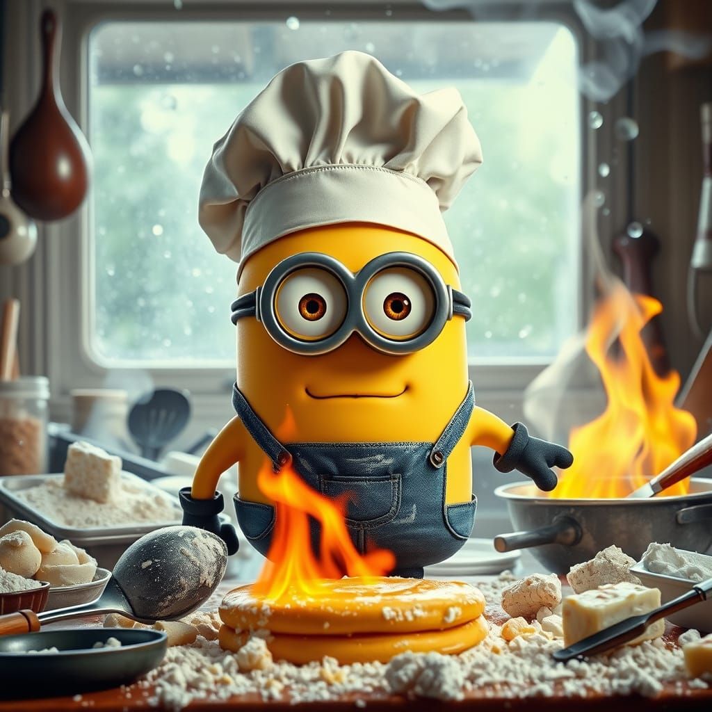 Vibrant Minion in Chef's Hat Amidst Kitchen Mayhem