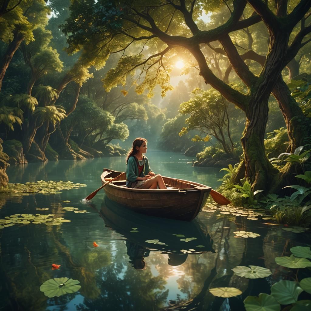 Magical Realism: Girl in Boat on Calm Waters