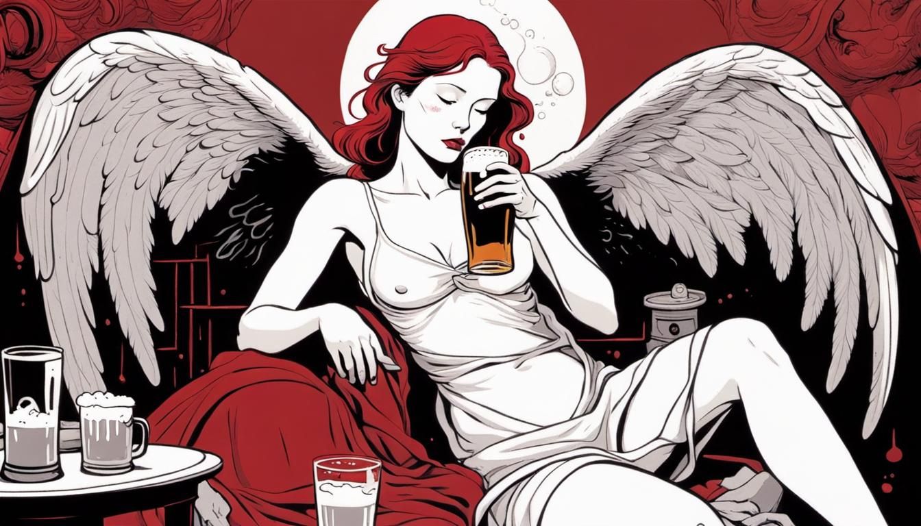 Tired Angel Drinking Beer in Graphic Novel Style