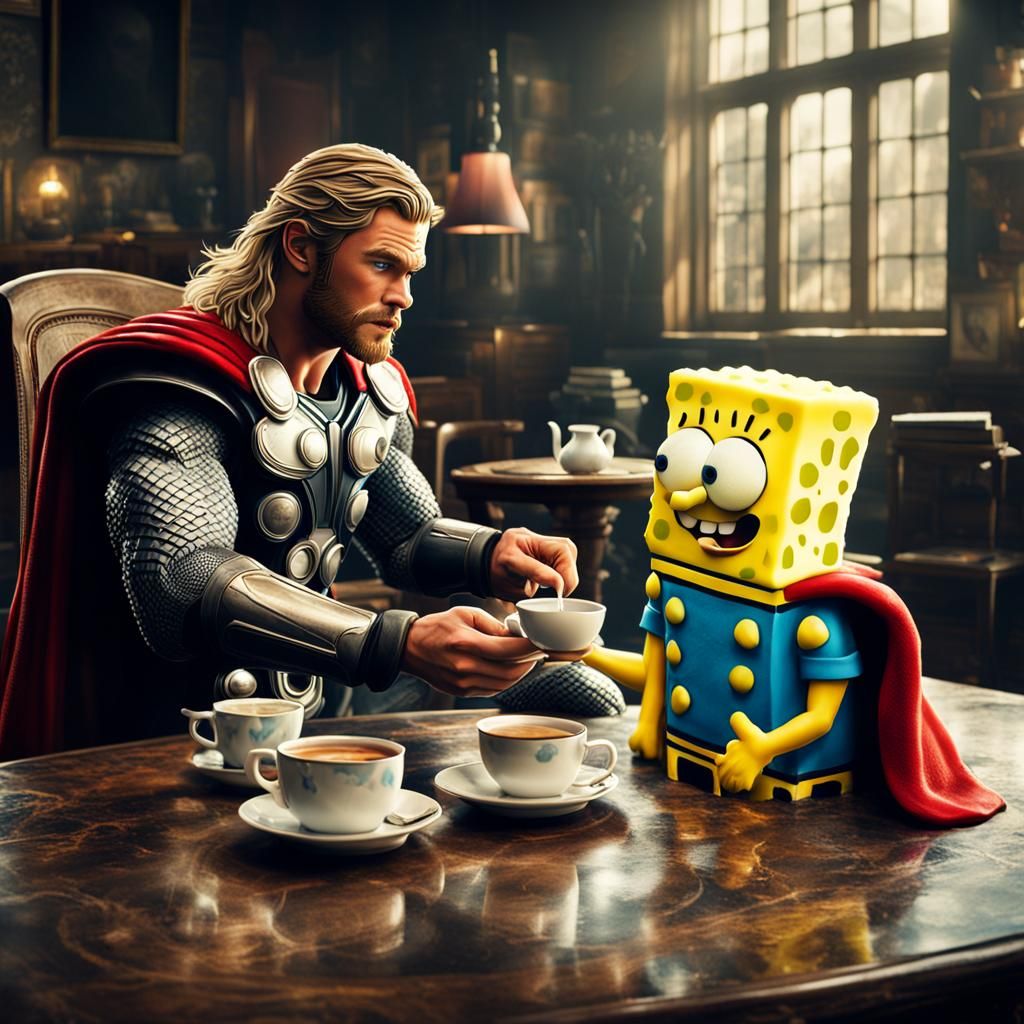 Thor and SpongeBob Tea Party in Hyperrealism